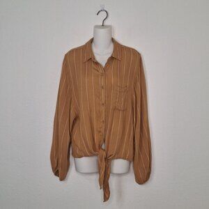 American Eagle Blouse Sz S Pinstripe Puff Sleeves Button Down Front Tie Boho